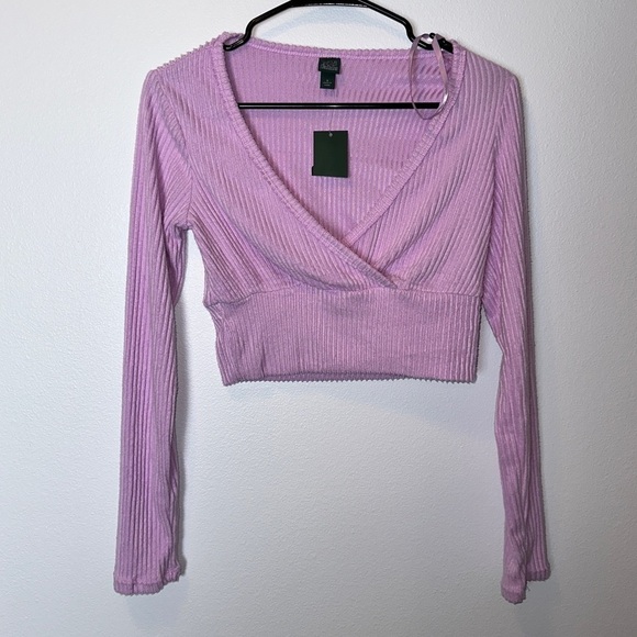 𝅺top Lavender Faux Wrap Long Sleeve Crop Ribbed Knit - Wild Fable Juniors Small - Picture 1 of 4